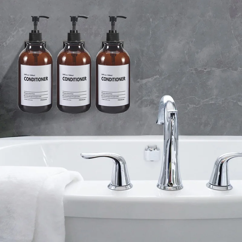 Soap Dispenser Brown Wall Mounted Shampoo Shower Gel Lotion Refillable Empty Bottle with Label Tray Kitchen Accessories 500ML 4