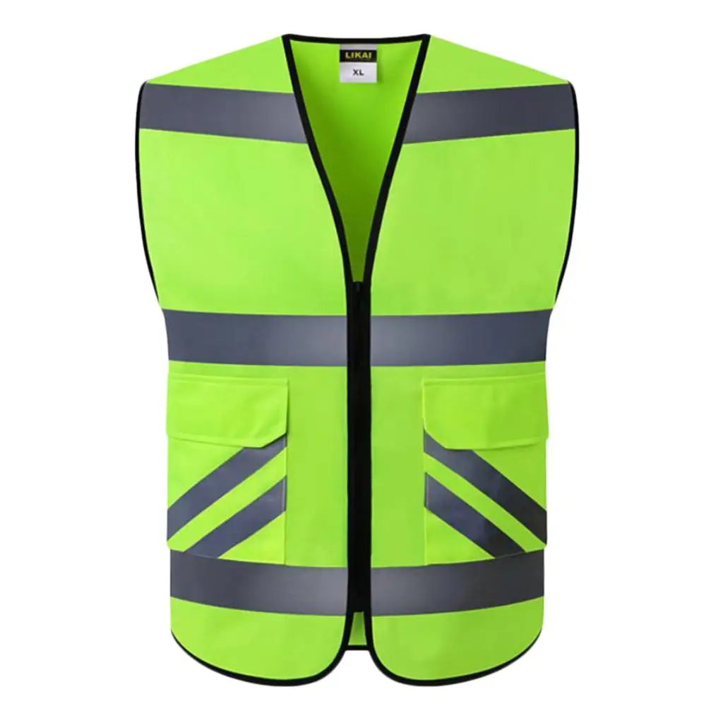 2 Pockets High Visibility Zipper Front Vest With Reflective Strips, Premium Style-A