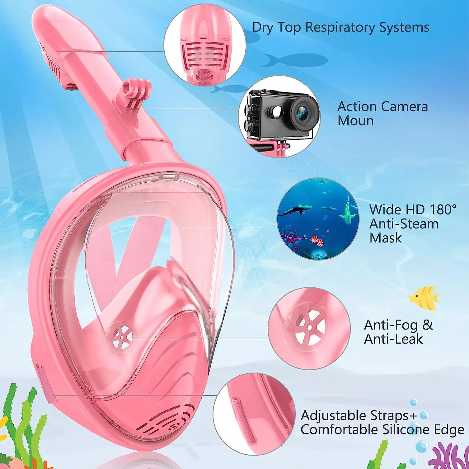 Kids 180° Panoramic Snorkel Mask with Camera Mount – Anti-Fog, Leak-Proof Design for Safe Underwater Adventures Beach Toys and Leisure Accessories Snorkeling gear