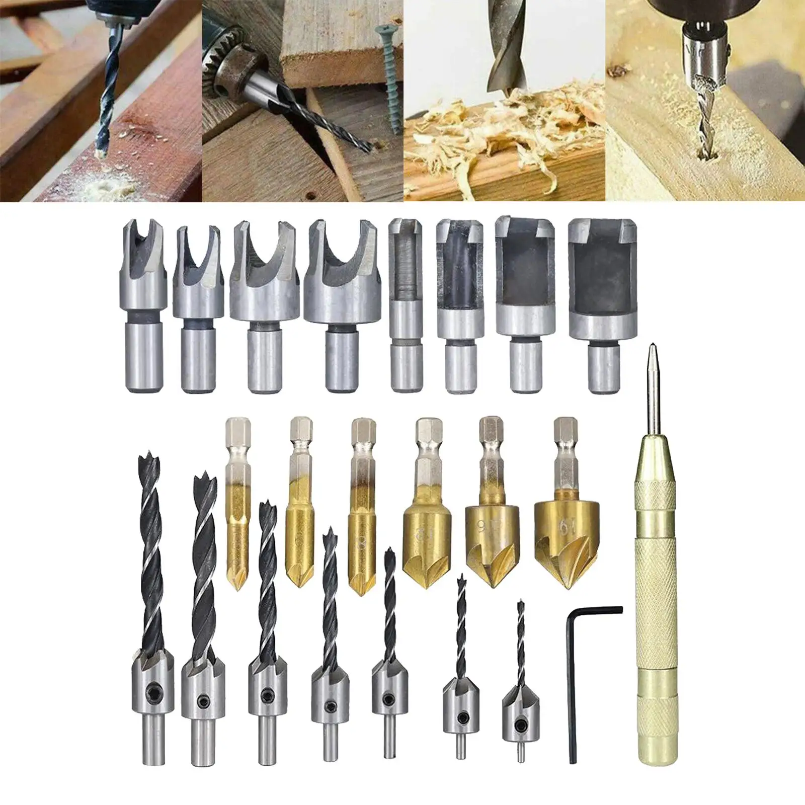 

23pcs Woodworking Chamfer Drilling Tool Countersink Drill Bit Wood Plug Cutter