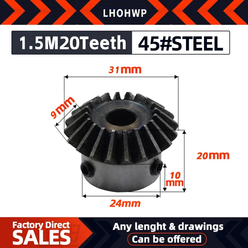 Bevel Gear Electric Bike Gear Motor Gear Transmission Gear Electric Chain Saw Gear Cassette Deck Tape Gear 1.5M 20Teeth Inner Hole 8/10/12/14/15 mm 90Degrees Meshing Angle Steel Gears Screw Hole M5 1pcs