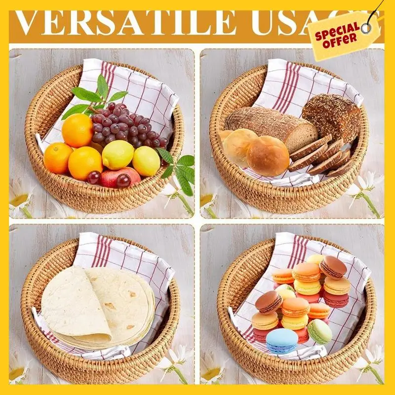A96K-Round Rattan Boxes With Lid Hand-Woven Multi-Purpose Wicker Tray 10.2Inch Picnic Food Bread Table Storage Basket 2