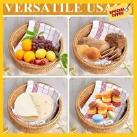 A96K-Round Rattan Boxes With Lid Hand-Woven Multi-Purpose Wicker Tray 10.2Inch Picnic Food Bread Table Storage Basket 2