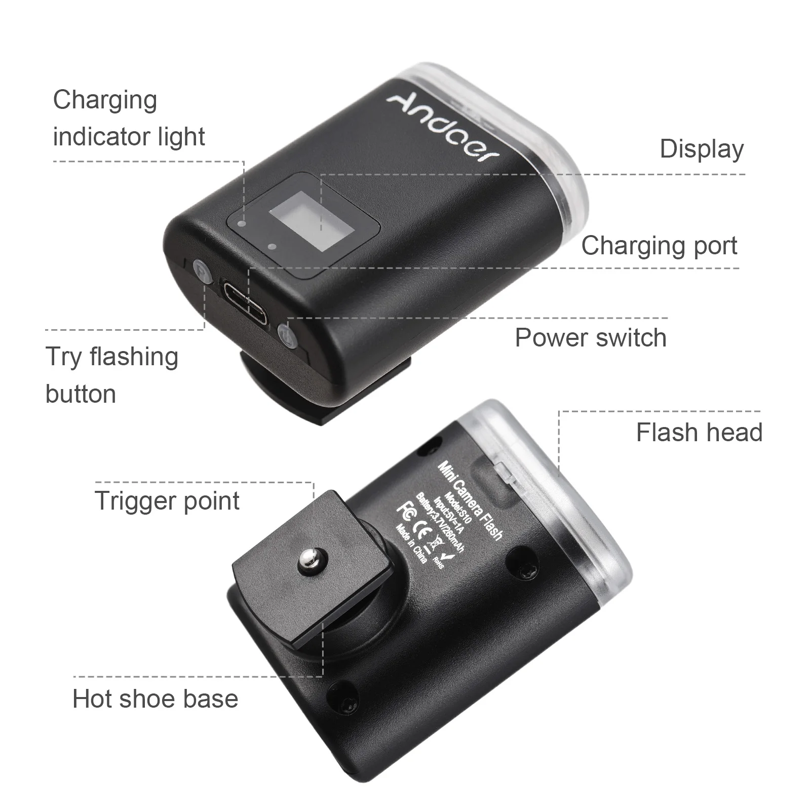 On Camera Flash Camera Flash Andoer S10 Mini GN10 5600K Speedlite1-5s Recycle Battery Fujifilm Olympus Canon Nikon