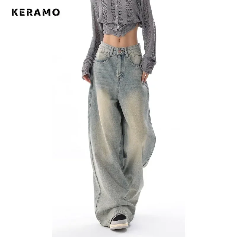 Korean Vintage Casual High Waist High Street Style Light Blue Straight Jeans Pants Women's Wide Leg Baggy Y2K Denim Trouser