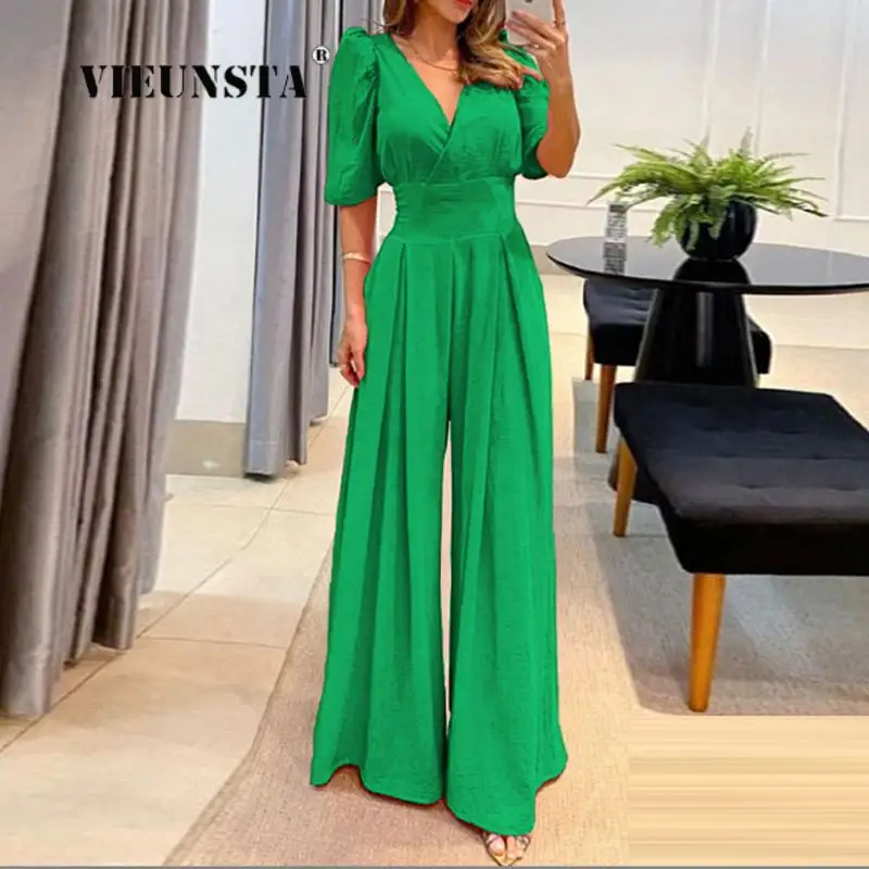 Casual Office Lady Short Sleeve Vneck Jumpsuit Fashion Slim Back Tie