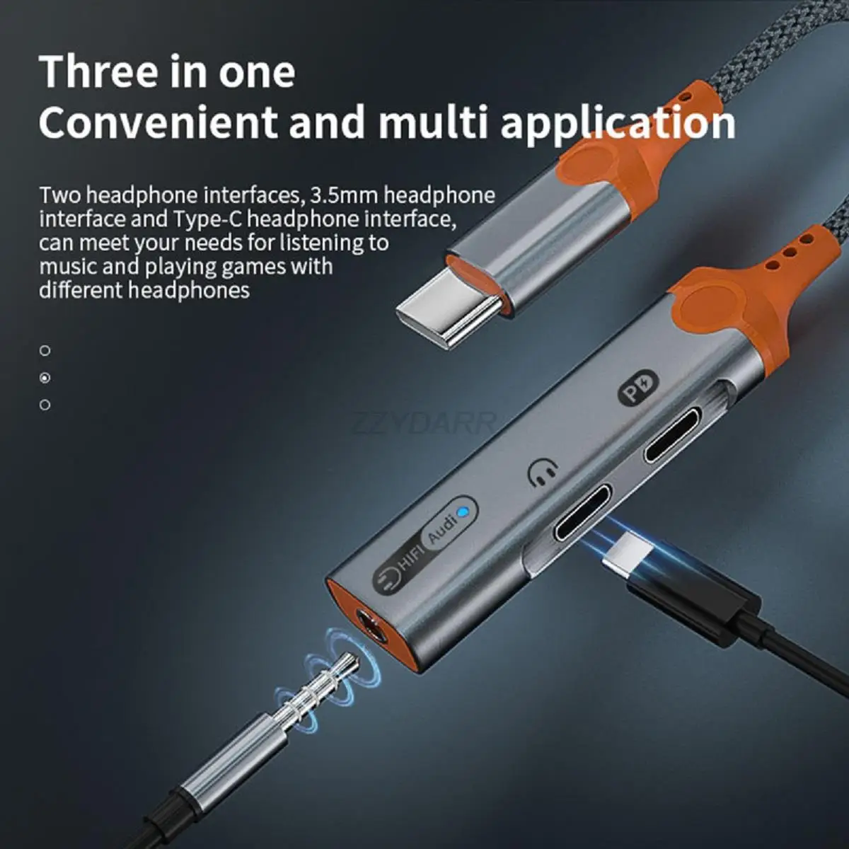 Type-C 3 in 1 headphone adapter USB C to 3.5mm audio converter 60W charging for iPhone15 Galaxy S23 S22