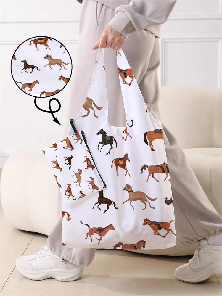 Ladies' Foldable Cartoon Steed Pattern Large Shopping Bag Foldable Storage Reusable Easy to Carry Capacity Handbag