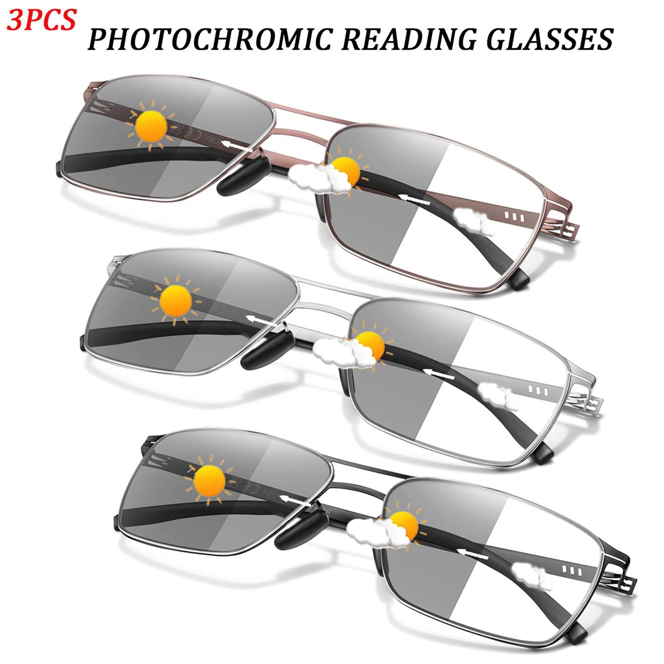 3 Pair Metal Anti-Blue Light Photochromic Reading Glasses