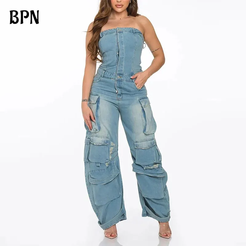 

BPN Casual Patchwork Pockets Cargo Jumpsuits For Women Strapless Sleeveless High Waist Loose Wide Leg Jumpsuit Female Clothing