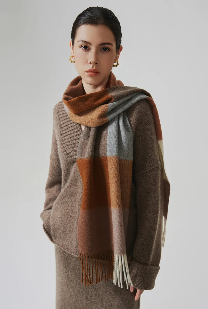 2024 New 100% Wool Scarf Winter Premium Plaid Shawl Versatile Simple Tassel Bib (30 Free Customized Embroidery Logo)