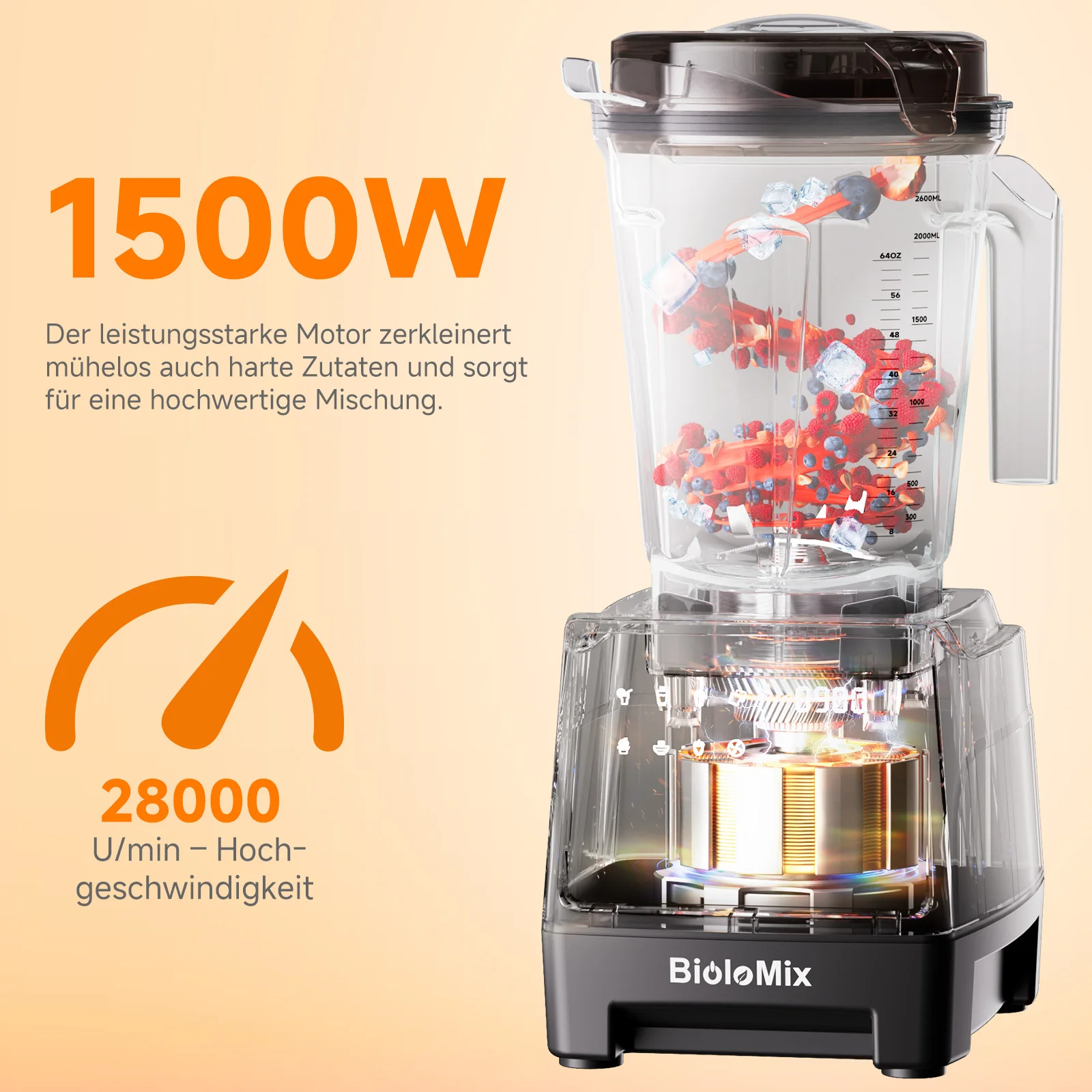 BioloMix 1500 W professioneller Mixer mit 2,6 l BPA-freiem Glas, 6 Klingen, 7 voreingestellte Programme für Smoothies, Shakes, Nussmilch – Detail 2