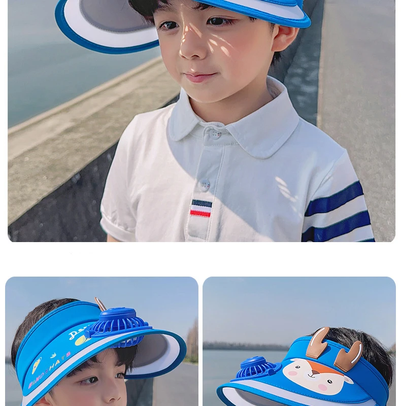Kinder Jungen Mädchen Sommer Sonnenhut Sonne UV-Schutz Hüte Visier mit Mini-Ventilator Cartoon im Freien USB-Ladeventilator Sonnenkappe für Kinder – Detail 25