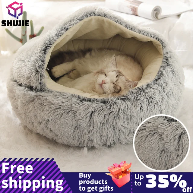 Coussin rond en peluche pour animaux de compagnie, panier chaud, sac de couchage, accent, chenil pour petit chien, maison pour chat, 2 en 1, hiver 1