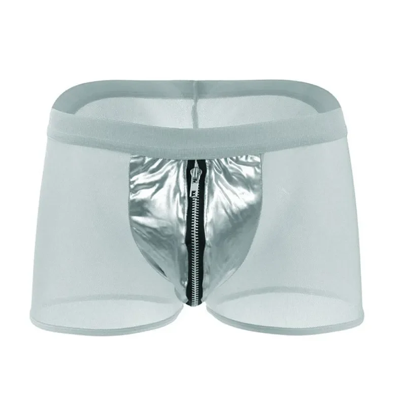 Leather Underwear Men Sexy Gay Zipper Mesh Boxershorts Breathable U Pouch Male Panties Gay Cueca 3