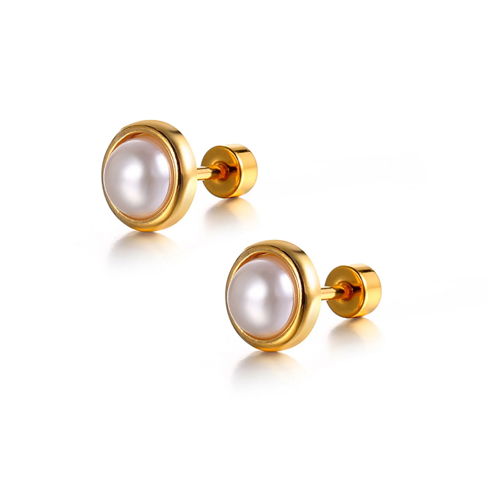 WOMEN PEARL STUD EARRING TINY SMALL CIRCLE EAR STAINLESS STEEL JEWELRY