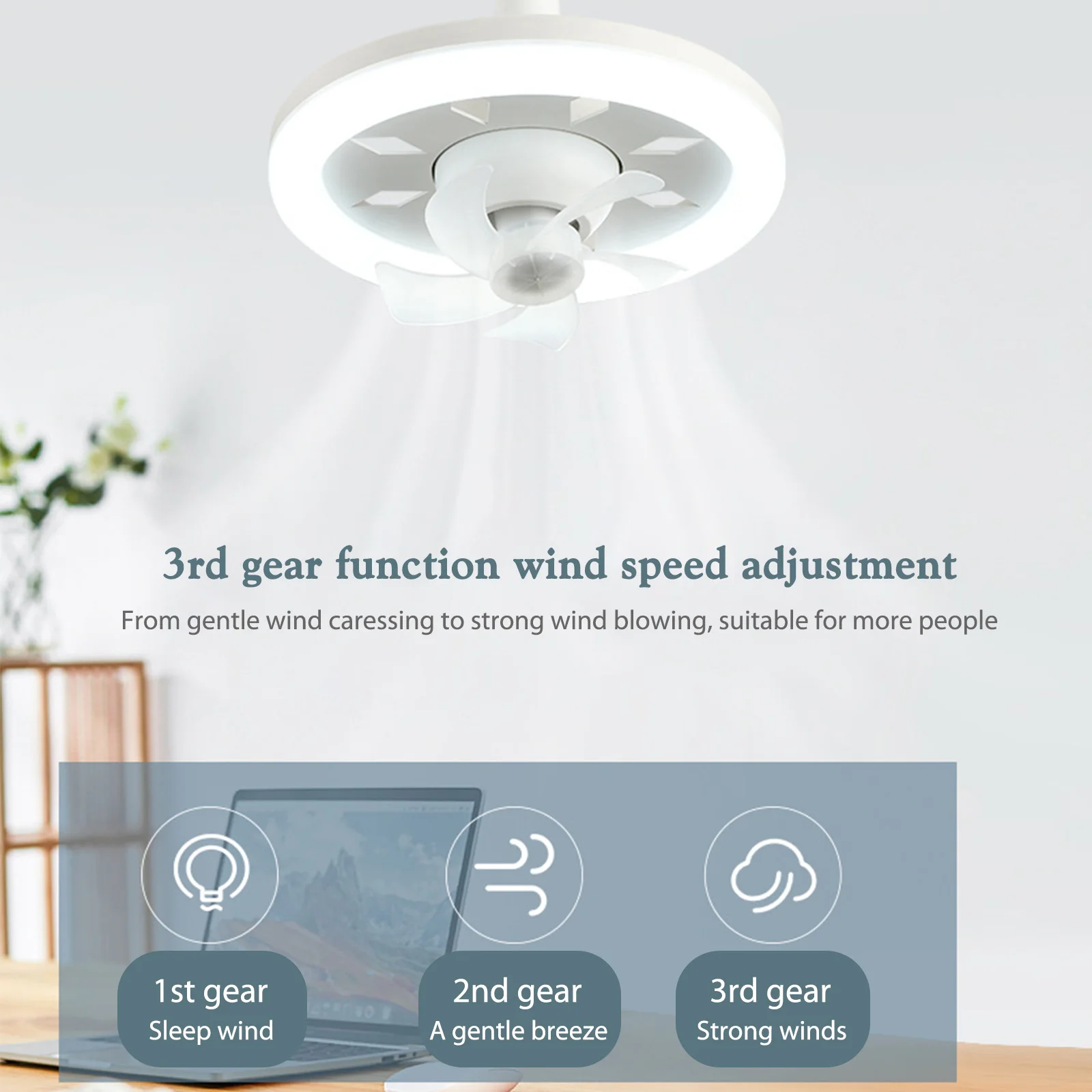 Ventilador de teto regulável com luz, lustre de LED E27 com rotação de 360°  com controle remoto, 3 velocidades de vento, para cozinha, sala de estar  (48W)
