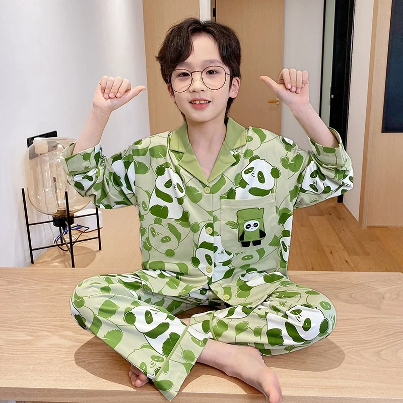 아동용 봄 가을 긴팔 카라 오픈 가디건 잠옷 세트 남아용 편안한 면 폴리에스터 홈웨어