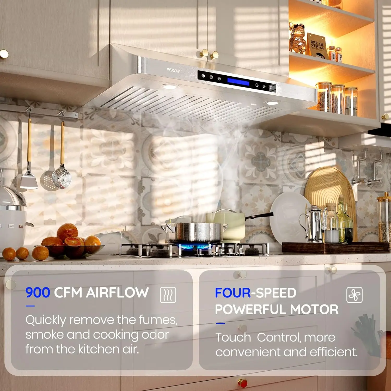 36 inches Under Cabinet Range Hood, 900 CFM Stainless Steel Kitchen Chimney Vent, 4 Speed Touch Screen Control With Remote 2