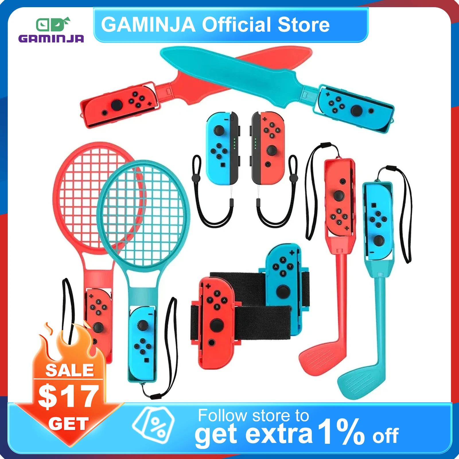 GAMINJA 10 in 1 Switch Sports Accessories Motion Sensing Sports Set for Nintendo Switch Oled Game Suit With Tennis Racket