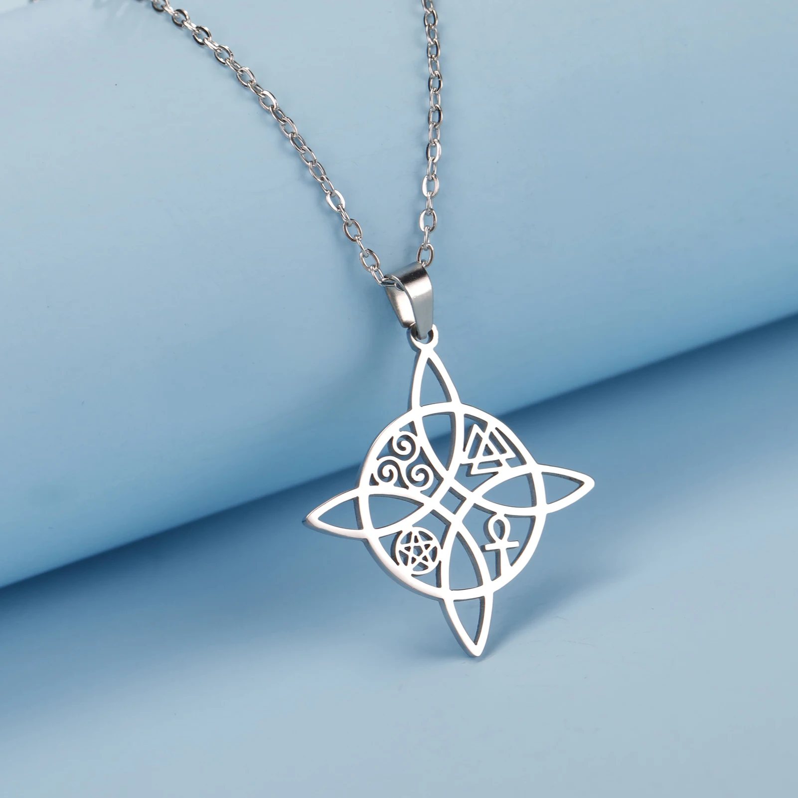 Skyrim Stregoneria Strega Nodo Collana Donna Catene Collo In Acciaio Inox Valknut Triskelion Ankh Croce Pentacolo Amuleto Gioielli