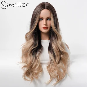 Similler Женские синтетические парики, длинные коричневые центральные части, большие волнистые волосы, парик с темными корнями Омбре для повседневного использования