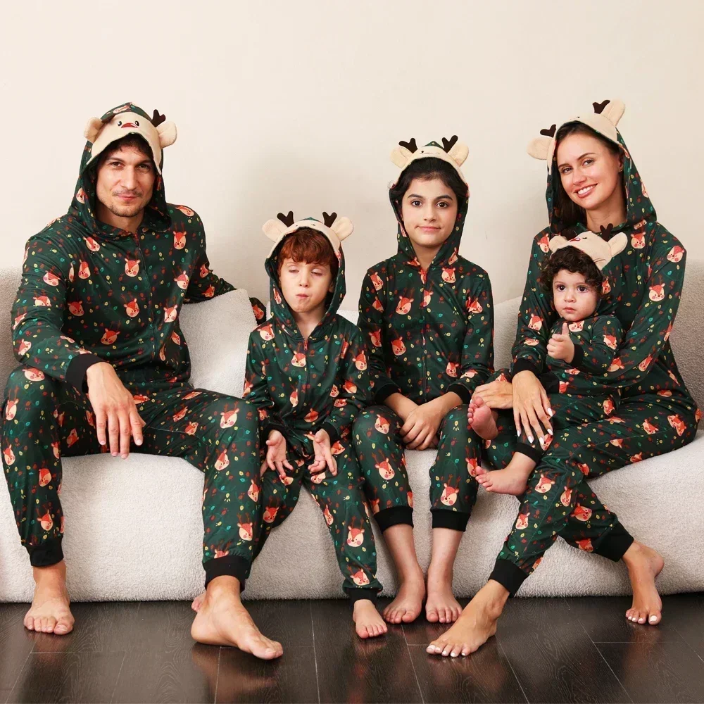 Conjuntos navideños para adultos y niños, pijamas a juego con estampado de muñeco de nieve, mono de una pieza con capucha y orejas de ciervo, mono cálido y suave para Navidad