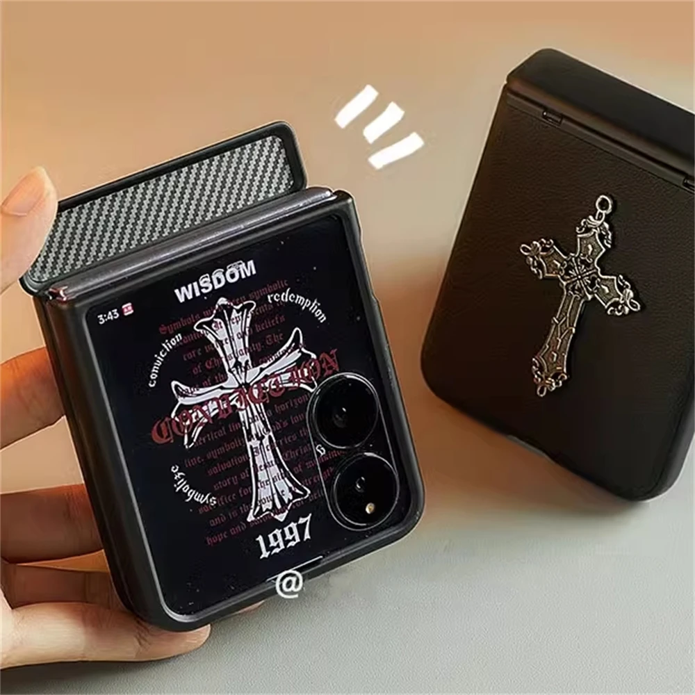 Luxury Trendy Metal Cross Leather Phone Case with Hinge Protection