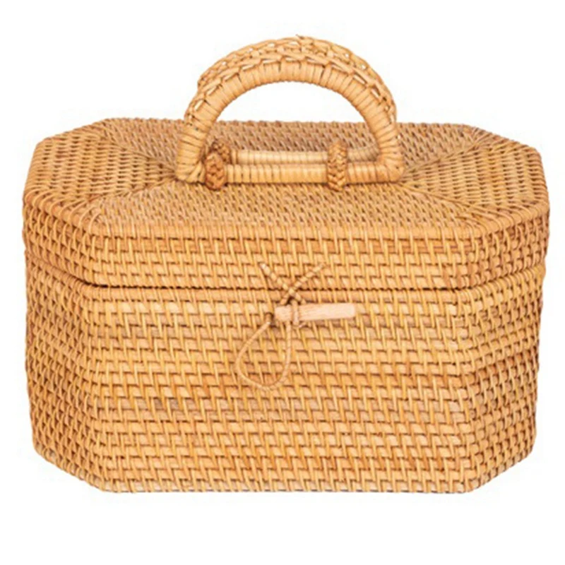 

1 PCS Handwoven Rattan Storage Box With Handle Tea Food Container Picnic Bread Fruit Basket