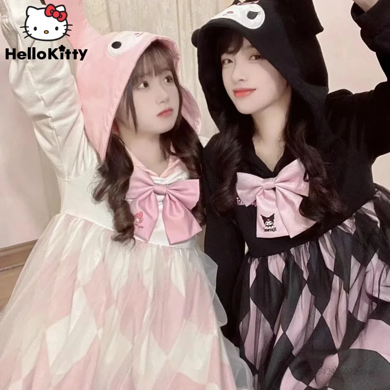 

Sanrio My Melody Kuromi Y2k Clothes Lolita Long Sleeve Dress Hooded Women Cartoon Luxury Design Aesthetic Dresses Top Mesh Skirt