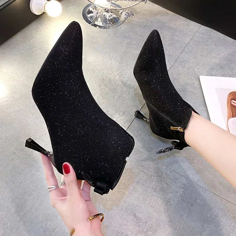 2023 Fashion All-match Short Boots Women's Spring and Autumn New Pointed Toe Stiletto Comfortable Back Zipper Nude Color Boots