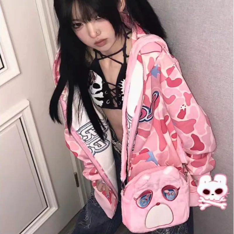 Xiuya Pink Womens Shoulder Bag Cartoon Embroidery Harajuku Fashion Y2k Crossbody Bag Cute Bear Casual Plush Soft Female Handbag