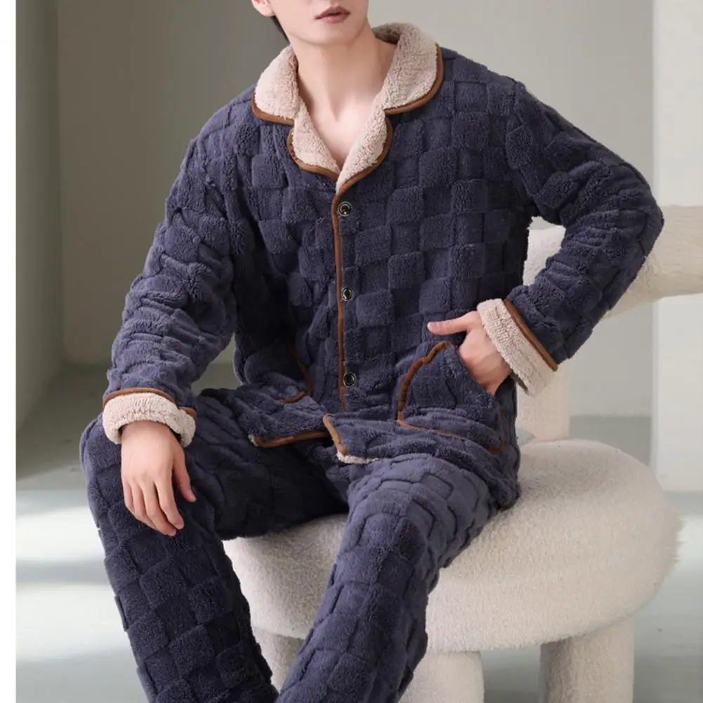 Men Plush Pajamas Set 2 Pcs/Set Winter Loungewear Thick Elastic Waist Pockets Coral Fleece Pants