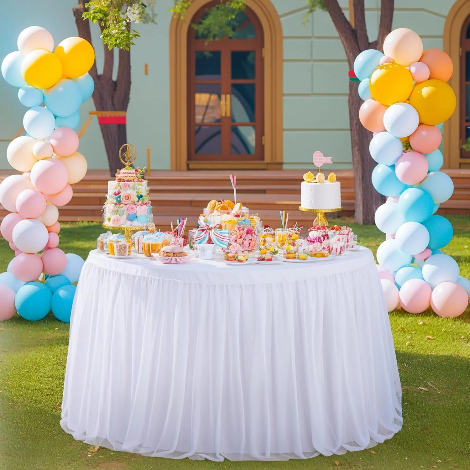 Round Tulle Table Skirt for Wedding Party Table Skirt Spandex Stretch Fitted Cover for Baby Shower Banquet Decoration
