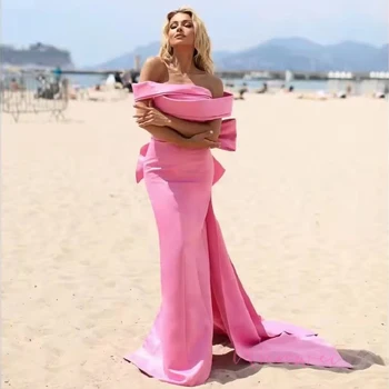 Customized Pink Prom Dress Bow Trailing One Shoulder Mermaid robes de soirée Satin Backless Party Dresses Floor-Length