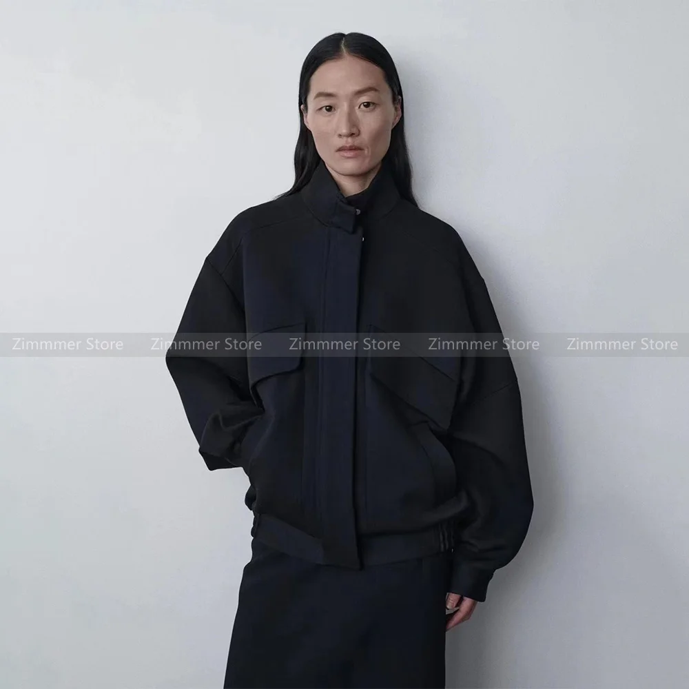 

R0w 23 Autumn Winter Minimalist Wool Blend Silhouette Stand Collar Black Aviator Jacket Coat