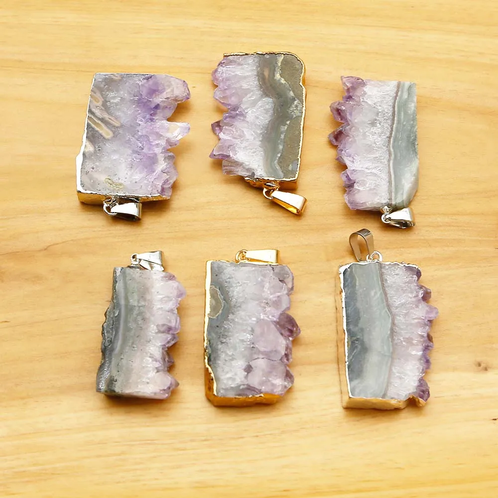 Free Shipping Natural Amethyst Flake Irregular Strip Pendant Gold And Silver Edged Necklace Unisex Charm Jewelry Accessories 6Pc