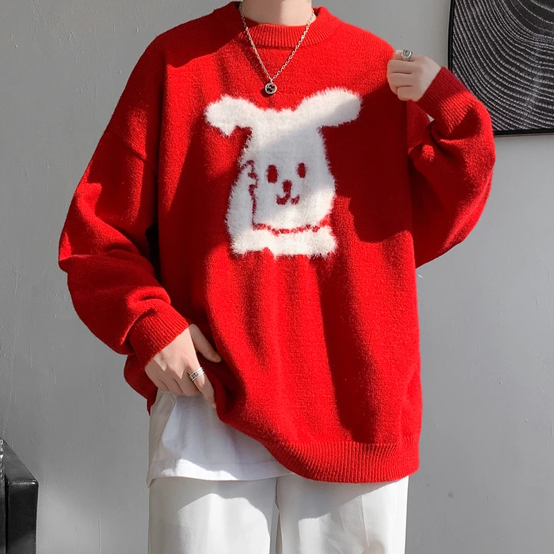 

M-8XL Year of the Rabbit cartoon Red Christmas sweater Men's sweater Extra size