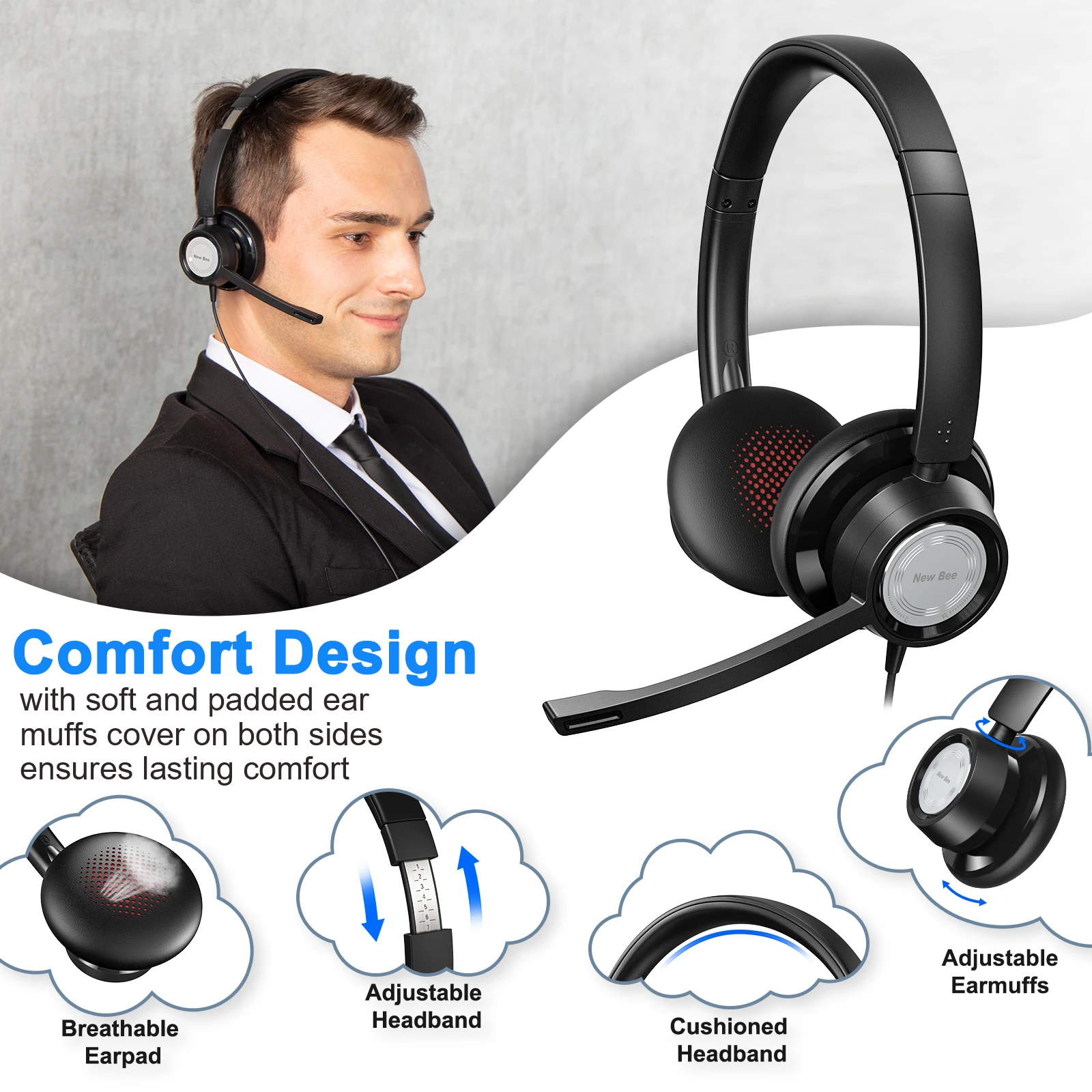 New Bee-auriculares USB H362 para PC, centro de llamadas, negocios