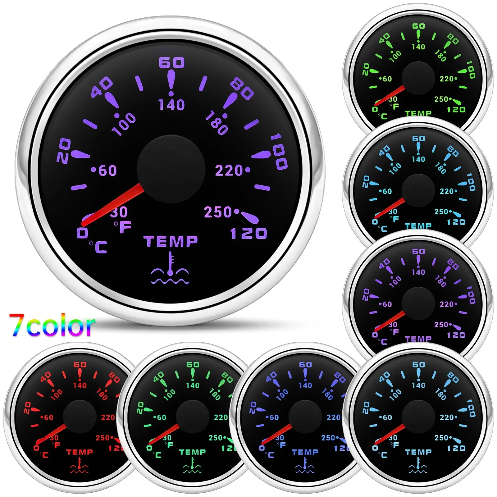 7 Colors Backlight 52MM Water Temperature Gauge 0~120℃ Water Temp Sensor 1/8NPT