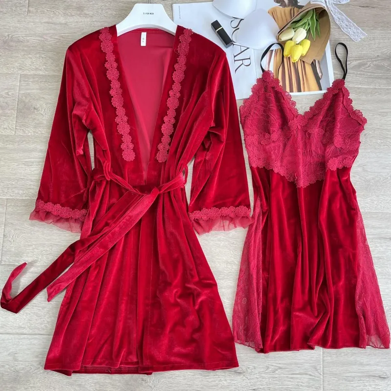 

Burgundy Velvet Kimono Bathrobe Gown Autumn Winter Female Sleepwear Nightgown Sexy Lace Velvet Wedding Robe Casual Home Dress