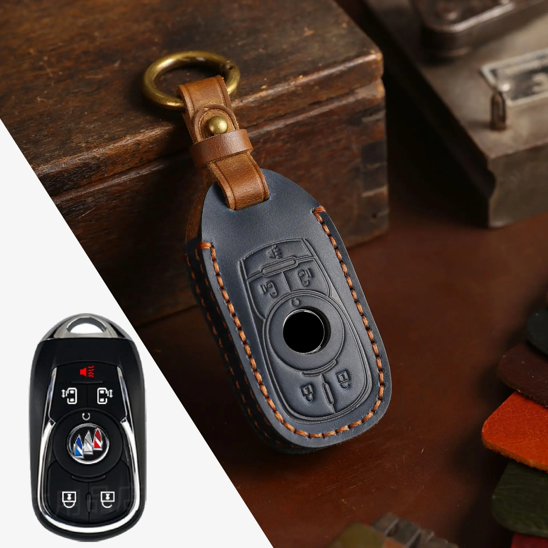 Luxury Leather Key Fob Cover: Anti-Scratch, Shockproof Protection with Metal Ring
