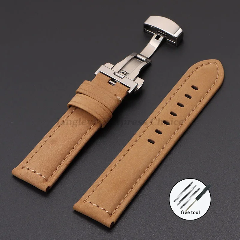 Vintage Crazy Horse Leather Watch Strap with Butterfly Buckle