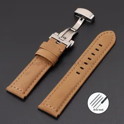 Vintage Crazy Horse Leather Watch Strap with Butterfly Buckle - 26mm (Yellow Brown)