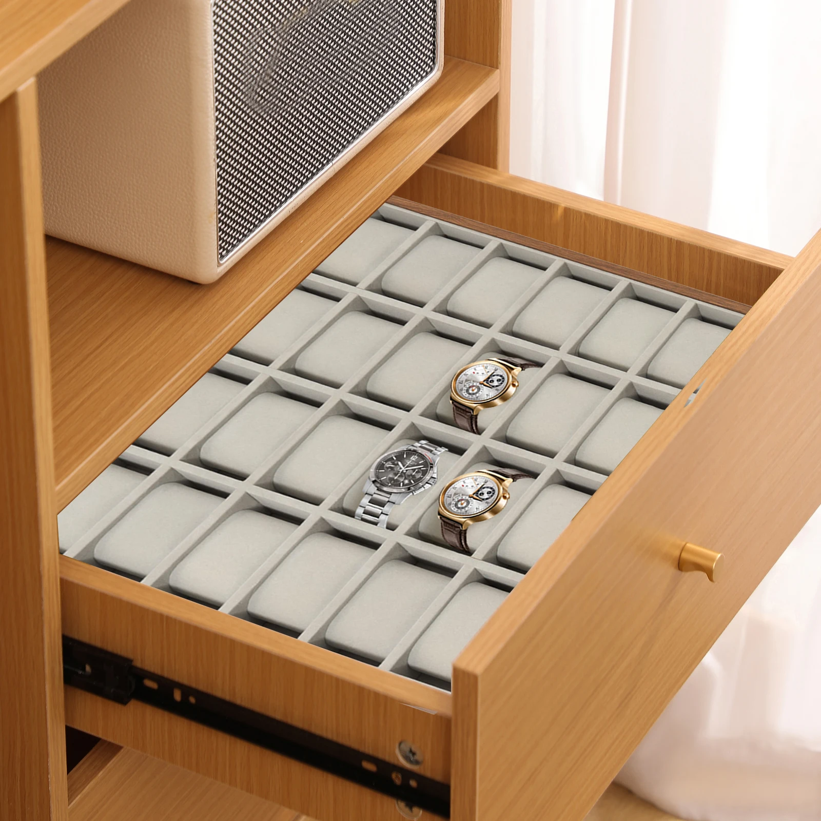 24-Compartment Wooden Watch Box Semi-Open Watch Box Organizer for Men and Women, Grey Watch Stand Display Case, Holiday Gift