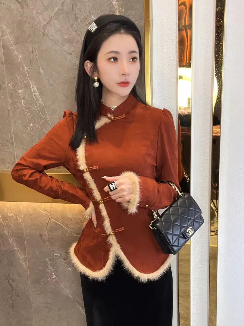 

2024 new chinese fashion style diagonal buckle long sleeved shirt women's autumn retro irregular slim fit top cheongsam coat