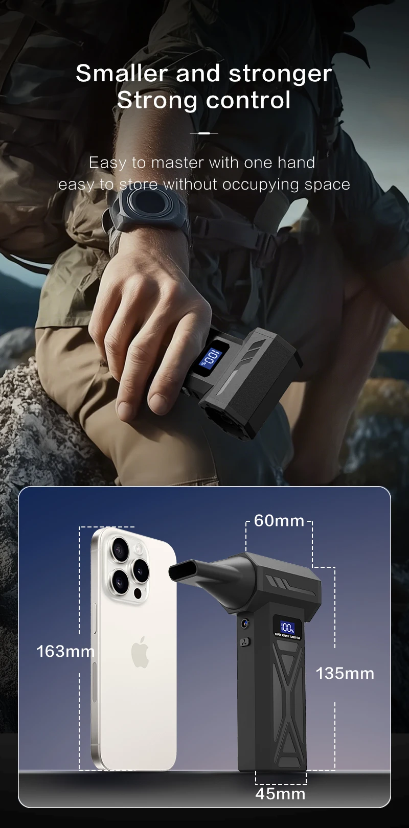 Cordless air duster showing Type-C charging port and LED display.