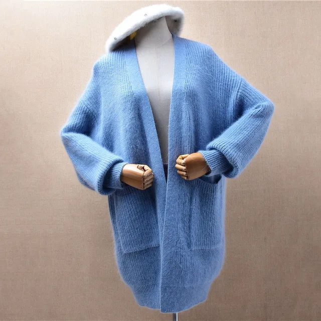 Ladies Women Fall Winter Hairy Angora Rabbit Hair Knitted Long Sleeves Loose Long Sweater Mink Fur Cardigans Mantle Jacket Pull 1