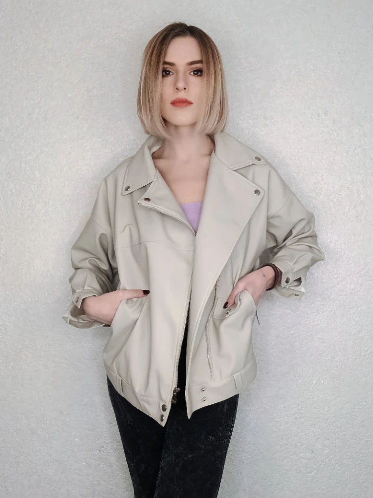 

FTLZZ New Spring Autumn Women Streetwear Lapel Zipper Faux Leather Jacket with Belt Lady Fashion Loose Motorcycle Pu Coat
