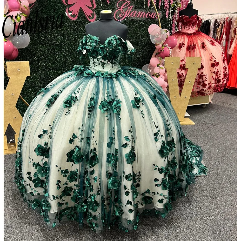 Green Ball Gown Quinceanera Dresses 3D Flowers Beads Lace Applique Sweet 15 16 Dress Party Wear Xv A&ntilde;os